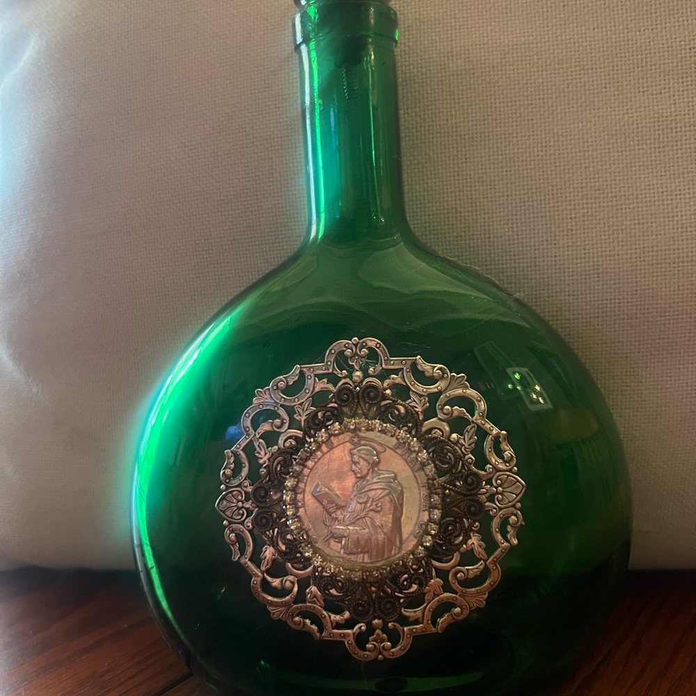 Beautiful Glass Decorative Bottle with Silver adorn Catholic Ornament - Picture 2 of 5